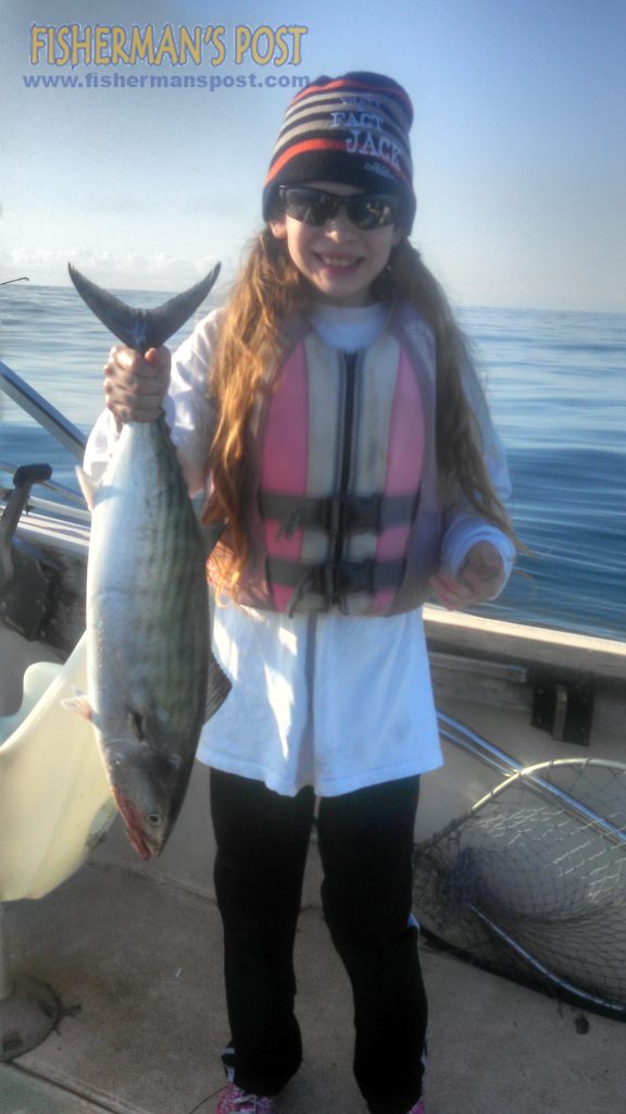 Brookelynn Matthews (age 10), of Teachey, NC, with her first Atlantic Bonito, hooked on a Yo-Zuri Deep Diver while trolling off New River Inlet with her dad.