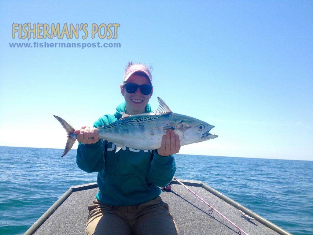 Keely Herron, of Wilmington, with her first false albacore, caught on a casting jig near the Liberty Ship off Wrightsville Beach while she was fishing on the "Wet Possum."