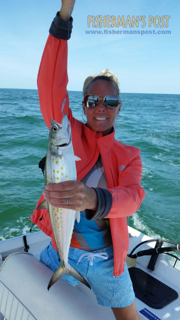 Lisa Lopp with a spanish mackerel that bit a Clarkspoon behind a trolling weight while she was trolling in 17' of water off Cape Lookout.