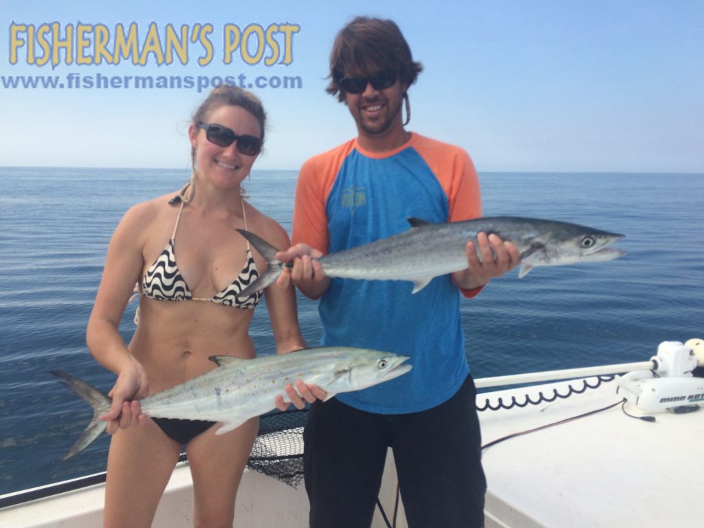 Brittany and Brian Shipp with part of a catch of large spanish and king mackerel they landed while live-baiting near the Keypost off Bogue Inlet. They were fishing with Capt. Rob Koraly of Sandbar Safari Charters.