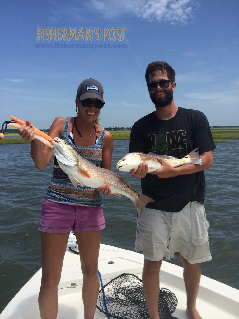 Blair and Marshall Kelly, of Raleigh, with 27" and 23" red drum that they hooked simultaneously while fishing a Swansboro-area marsh with Capt. Jonathan Garrett of On Point Fishing Charters. The reds fell for chunks of menhaden.