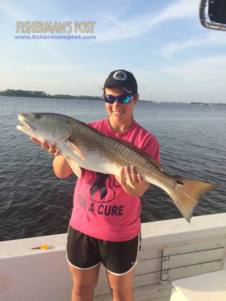 Maddi Burley, of Grove City, OH, with a 32" red drum she caught and released while fishing the White Oak River with Capt. Rob Koraly of Sandbar Safari Charters. The red fell for a live mullet on a Carolina rig.