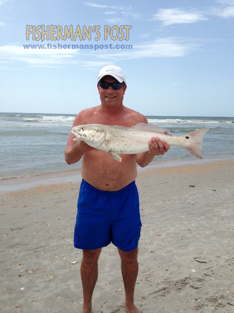 Brian Bullard, of Greensboro, NC, with a 26" red drum he landed in the Wrightsville Beach surf after it fell for a 3" Gulp shrimp.