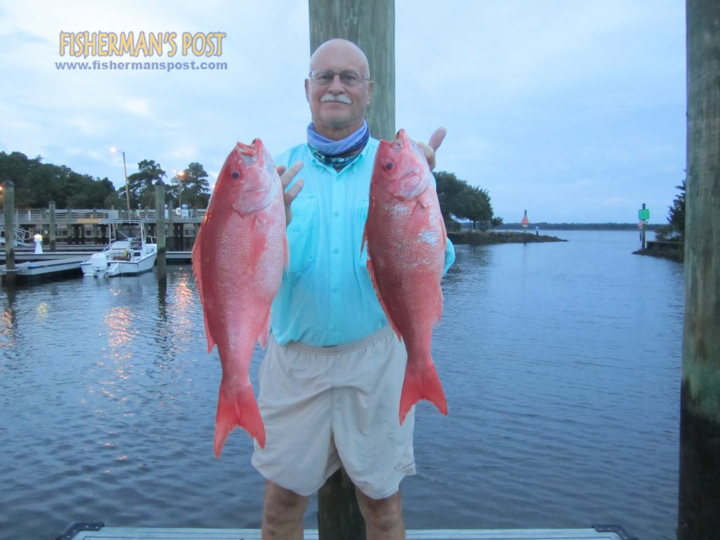 Lowell Mason with a pair of large vermillion snapper that bit cut squid while he was fishing some bottom structure offshore of Carolina Beach Inlet on the "Sarah's Worry Two."