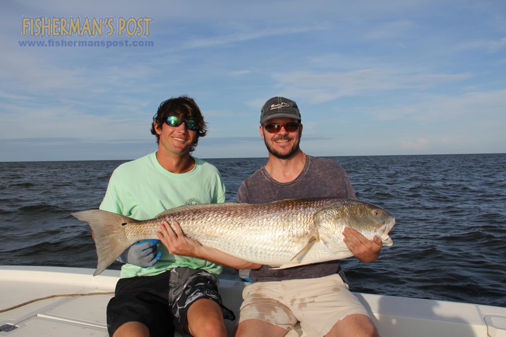 Dan Duffy (right), of Wilmington, and Capt. Jennings Rose, of North State Guide Service out of Oriental, with a 49" red drum caught on a live finger mullet while fishing a grass bank in the Pamlico Sound.