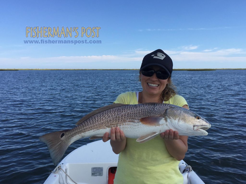 Deanna Rutti, of Kure Beach, with her first red drum, a 27.5" fish that bit a finger mullet in a creek near Carolina Beach.