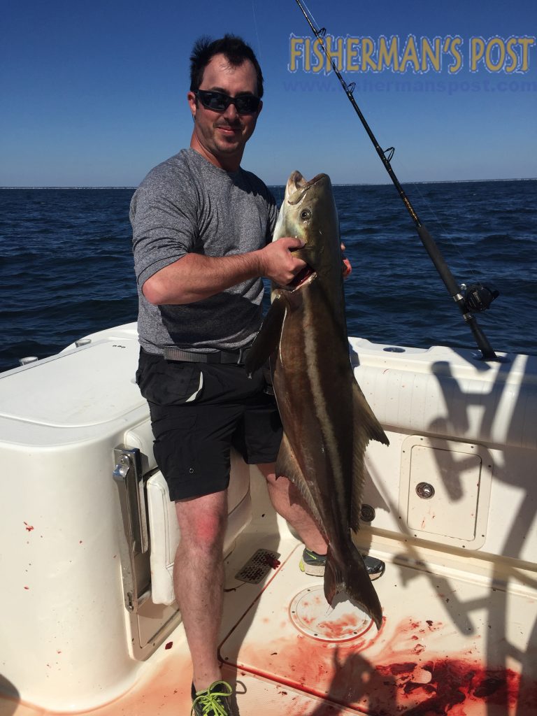 George Howard with his first saltwater fish, a 40 lb. cobia that struck a live bluefish at the Jolly Mon Reef while he was fishing with Capt. Brant McMullan of the Ocean Isle Fishing Center.