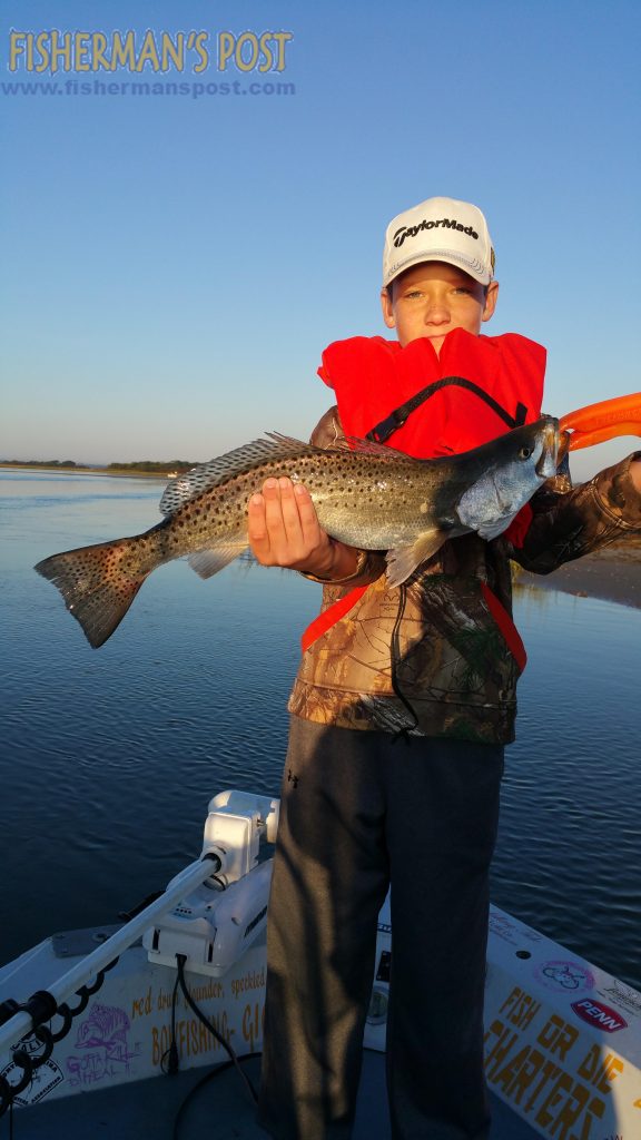 Derrick Matthews with a 4.25 lb. speckled torut that bit a 4" Gulp shrimp while he was fishing near Swansboro with Capt. Dale Collins of Fish or Die Charters.