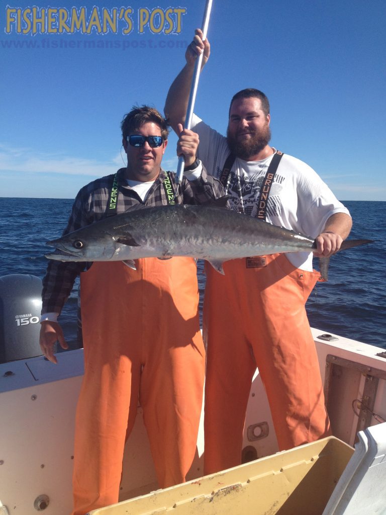 Hank Carter adn Capt. Barry Bierstedt with a king mackerel that attacked a slow-trolled cigar minnow with a Blue Water Candy skirt while tbhey were fishing 10 miles off Carolina Beach Inlet with Capt. Rod Bierstedt of OnMyWay Charters.