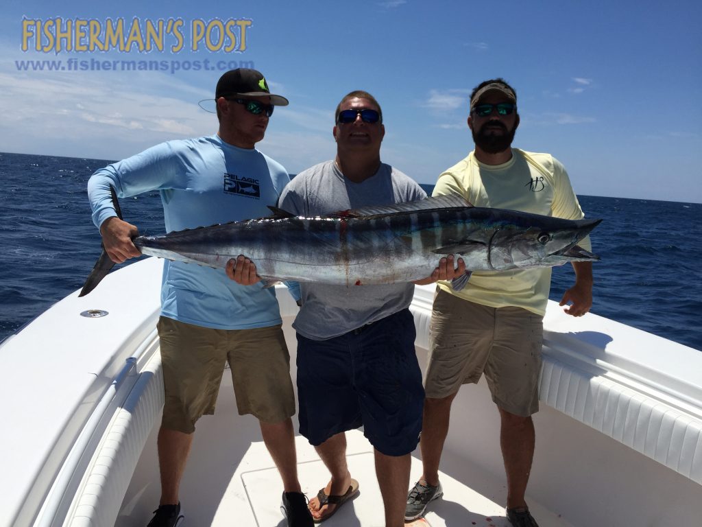 Luke Board, Nick Polumbi, and Jessey Vereen with an 89.5 lb. wahoo that bit a king mackerel rig on a downrigger off Charleston.